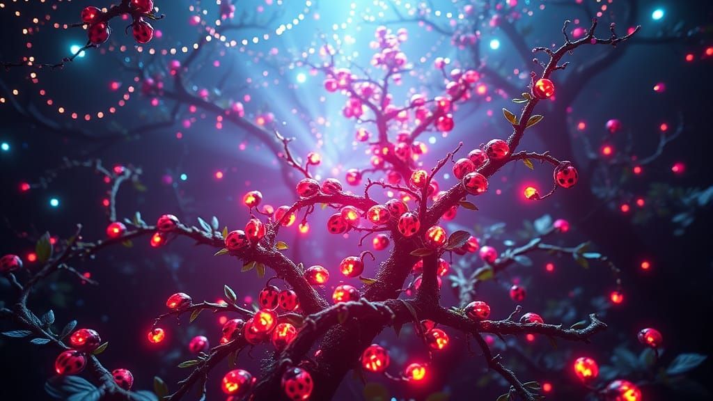 Hyperrealistic Neon Ladybug Cityscape at Dusk