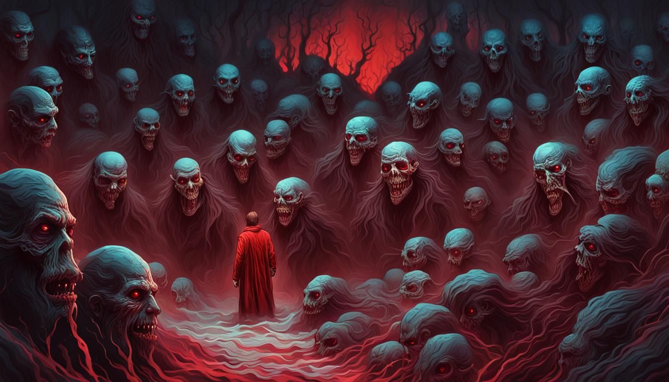 Dark Fantasy Figure Emerges from Red Fog