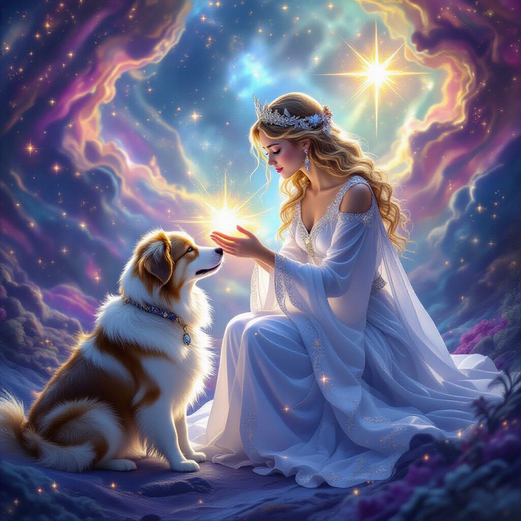 Pleiadian Princess Touches Cosmic Dog in Nebula