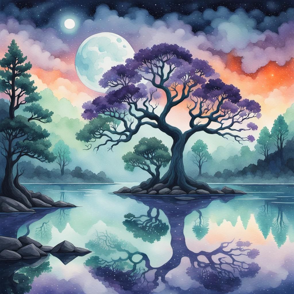 Gemstone Trees Reflected Under Moonlight in Watercolor