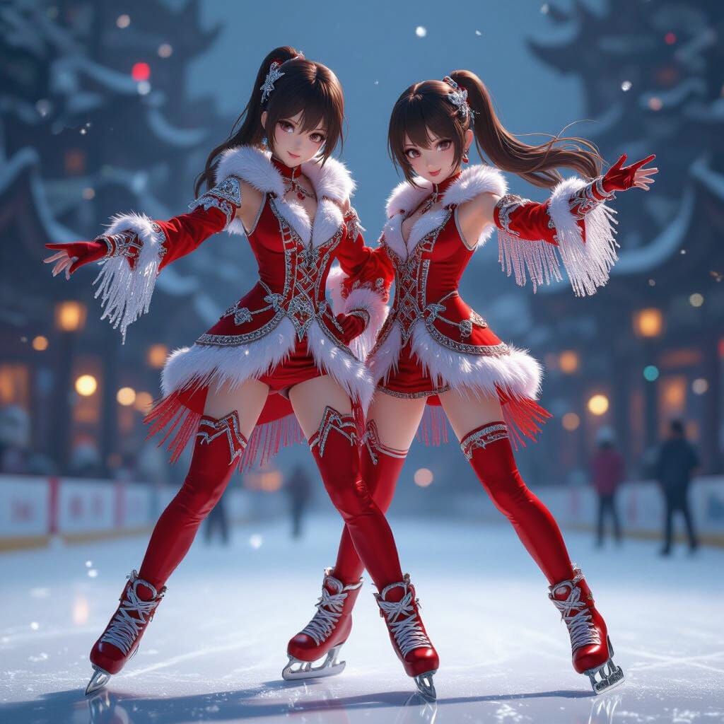 Dynamic Ice Skating Duo in Crimson and Silver Attire