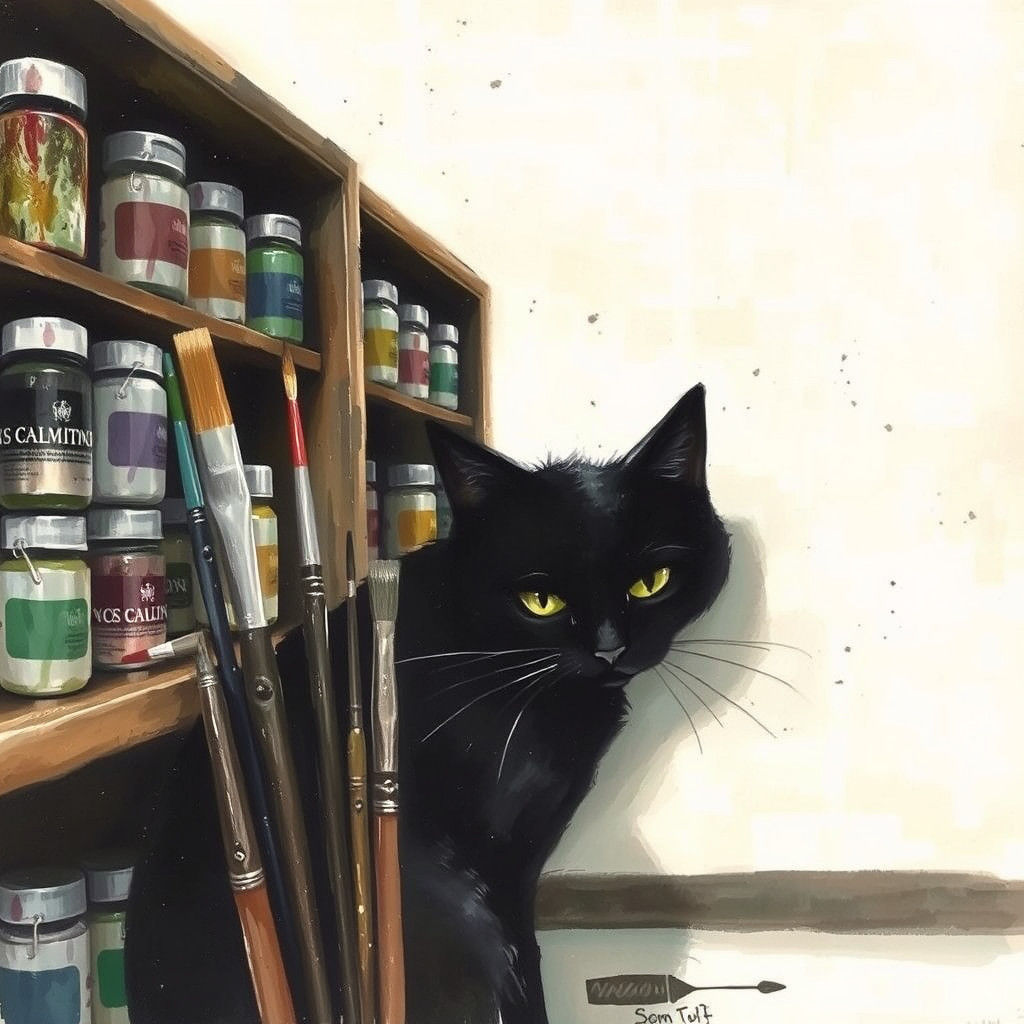 Black Cat Hiding in Museum, Children's Book Illustration