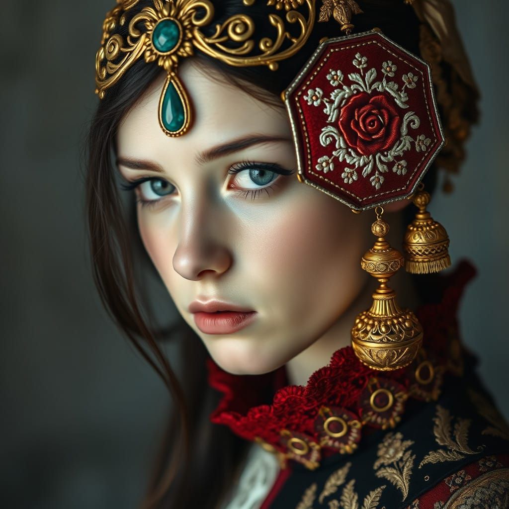 Elegant Young Woman in Chiaroscuro Portrait with Ornate Head...