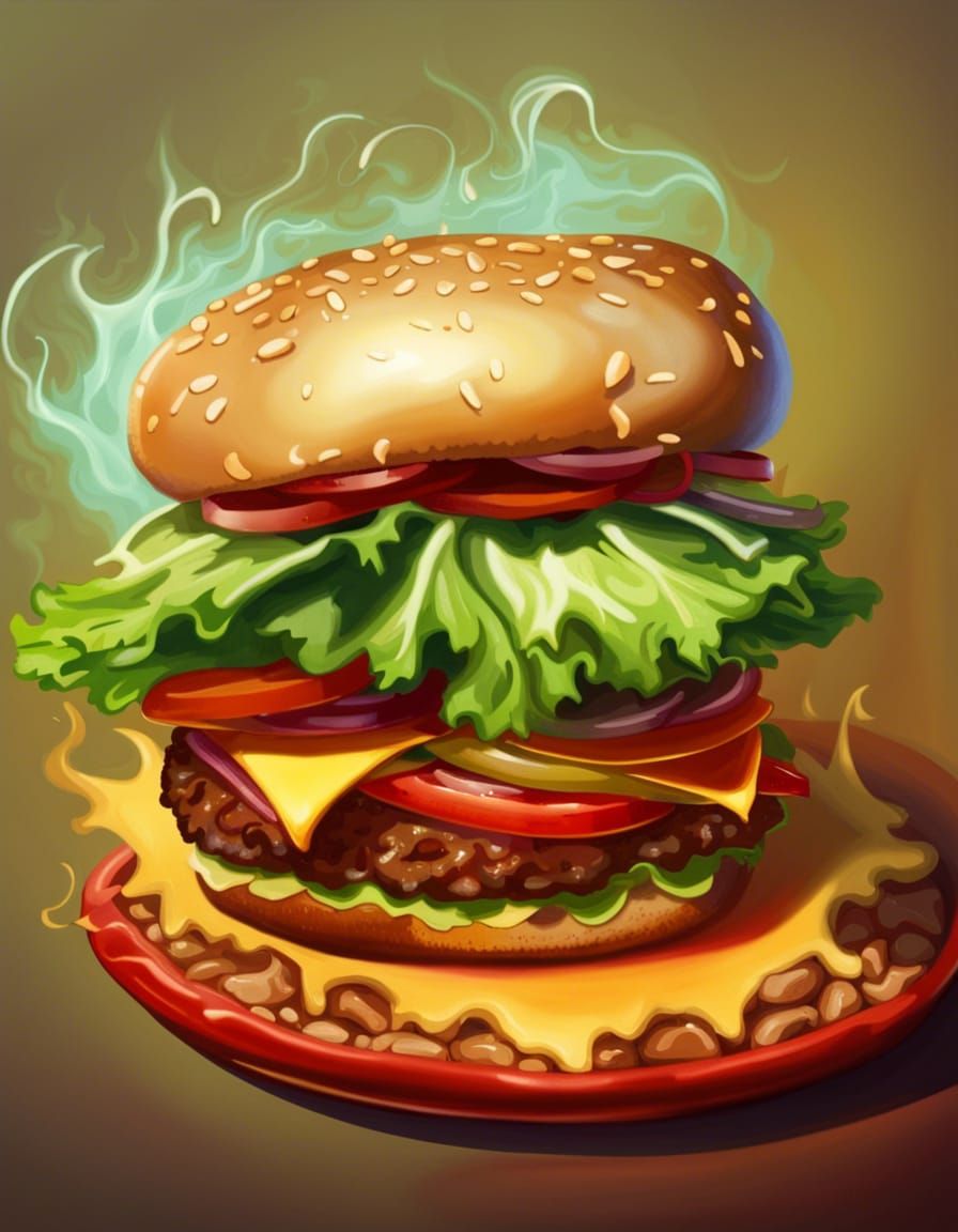 Flaming Cartoon Hamburger with Prosciutto and Artichoke