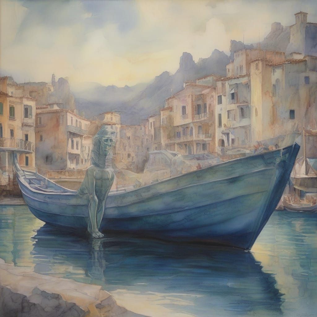 Ethereal Watercolor of Skeletal Sphinx in Mediterranean Mari...