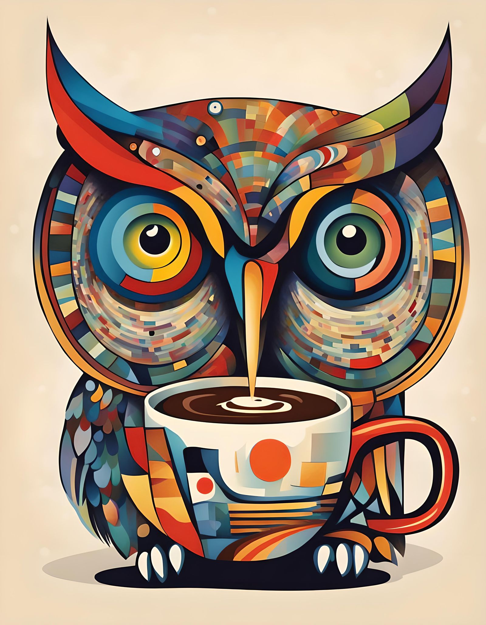 Owl Sipping Coffee: Abstract Digital Art