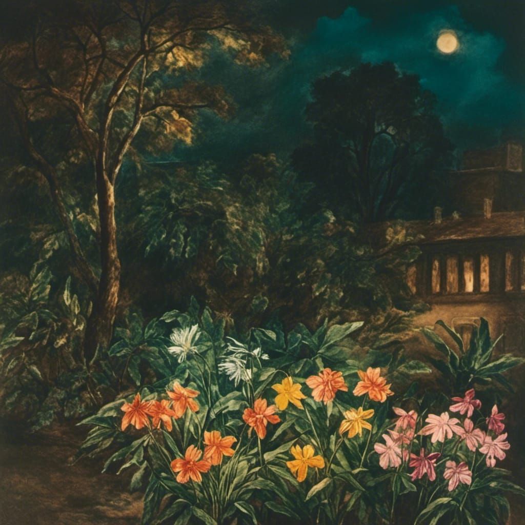 Moonlit Flower Garden in Impressionistic Style