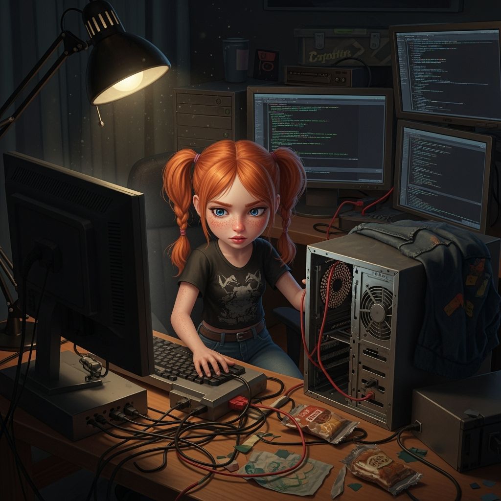 Redhead Hacker Setting Up PC in Cluttered Office
