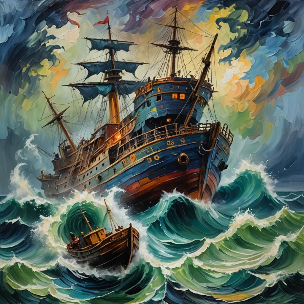 Sea Beast Attack in Expressionist Oil Painting