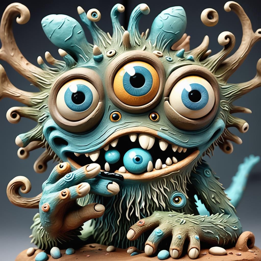 Whimsical Clay Monster with Big Eyes and Hands