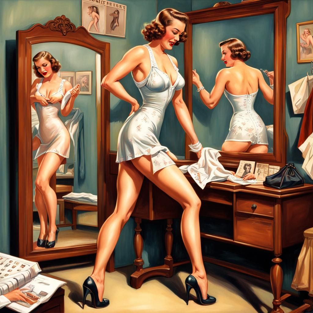 1930s Pin-Up Girl in Dress Shop, Hyperrealistic Art