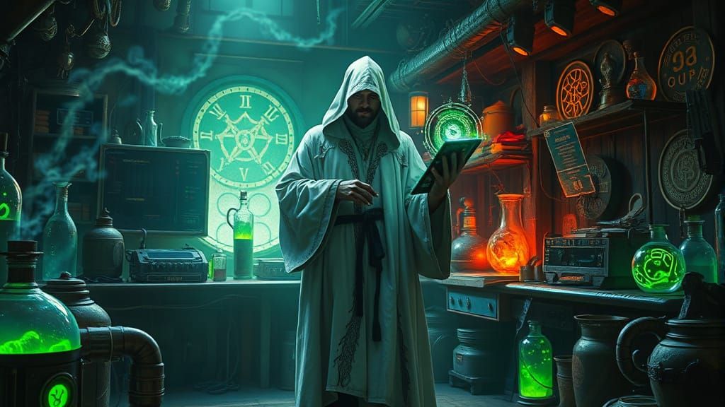 Mystic Alchemist in a Haunting Futuristic Lab