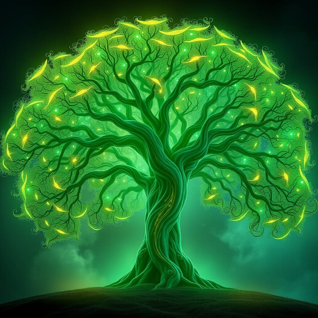 Majestic, Glowing Green Tree in a Mystical Realm