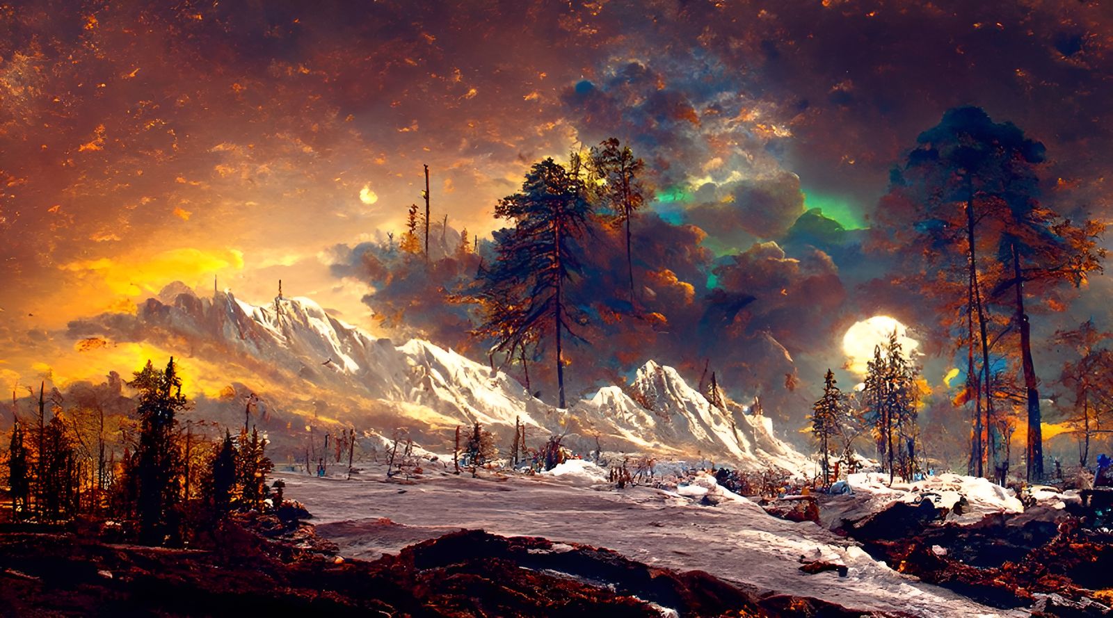 Post-Apocalyptic Winter Landscape with Aurora Borealis