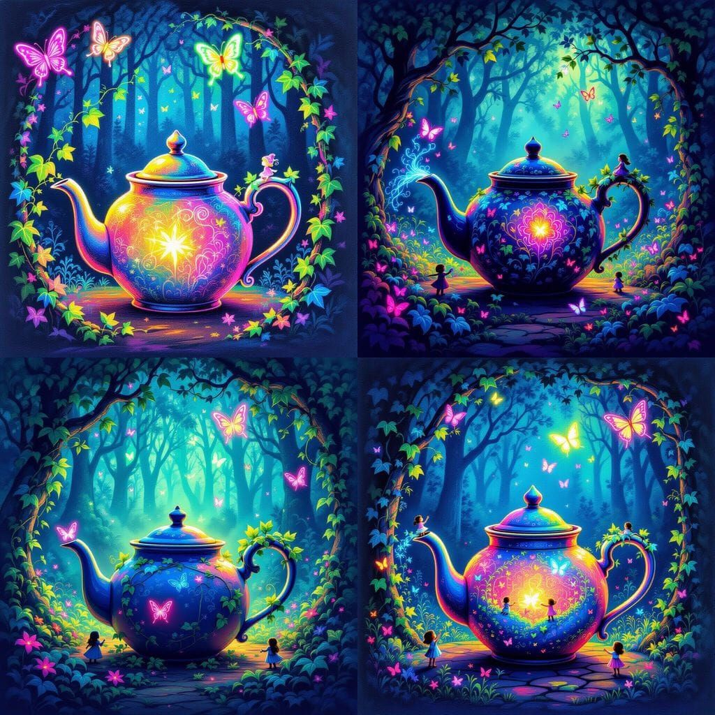 Enchanted Neon Teapot with Ivy and Tiny People in Forest