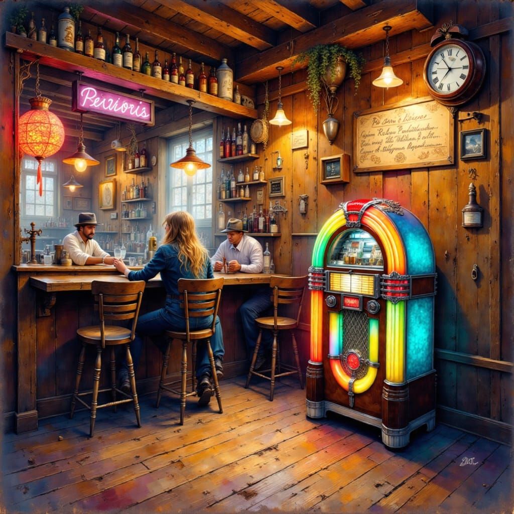 In the corner of the bar there stands a jukebox With the best of country music, old and new.