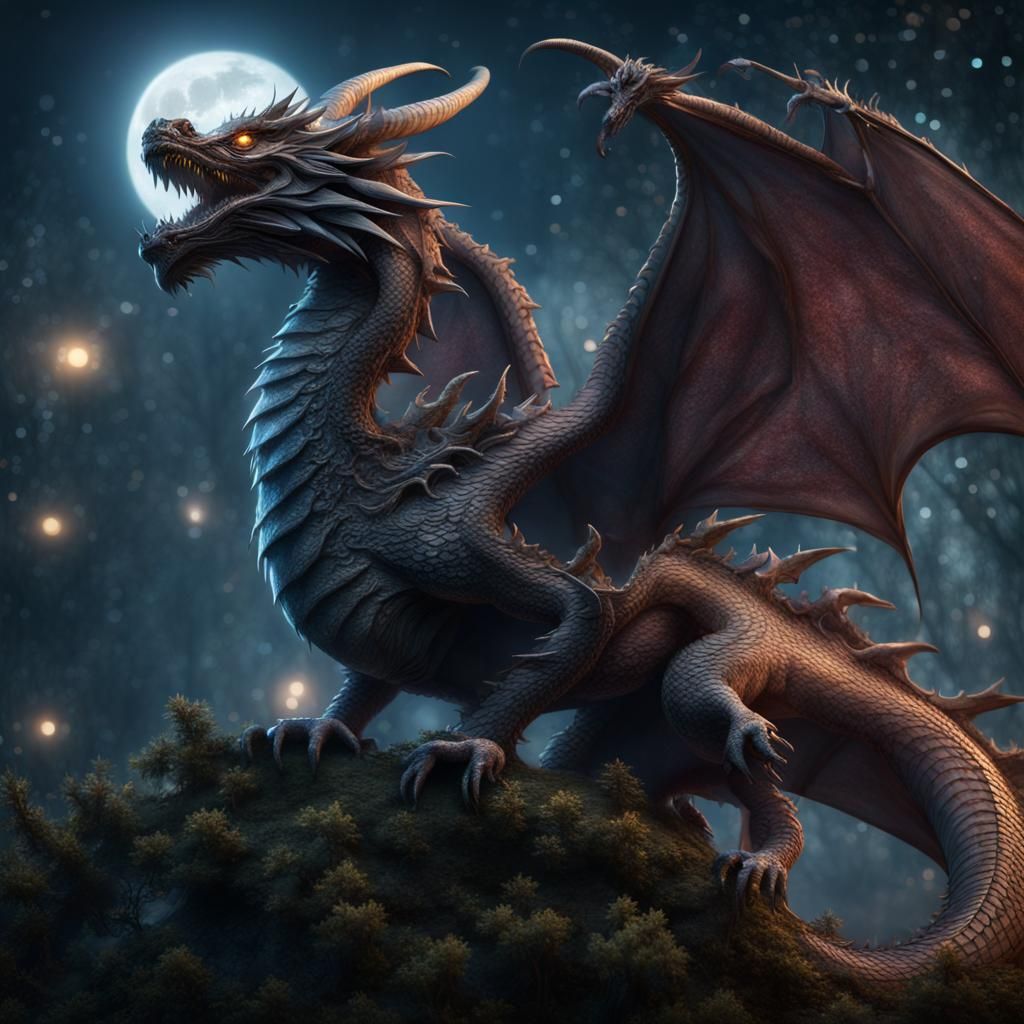 Hyperrealistic Dragon Christmas Tree Under Moonlight