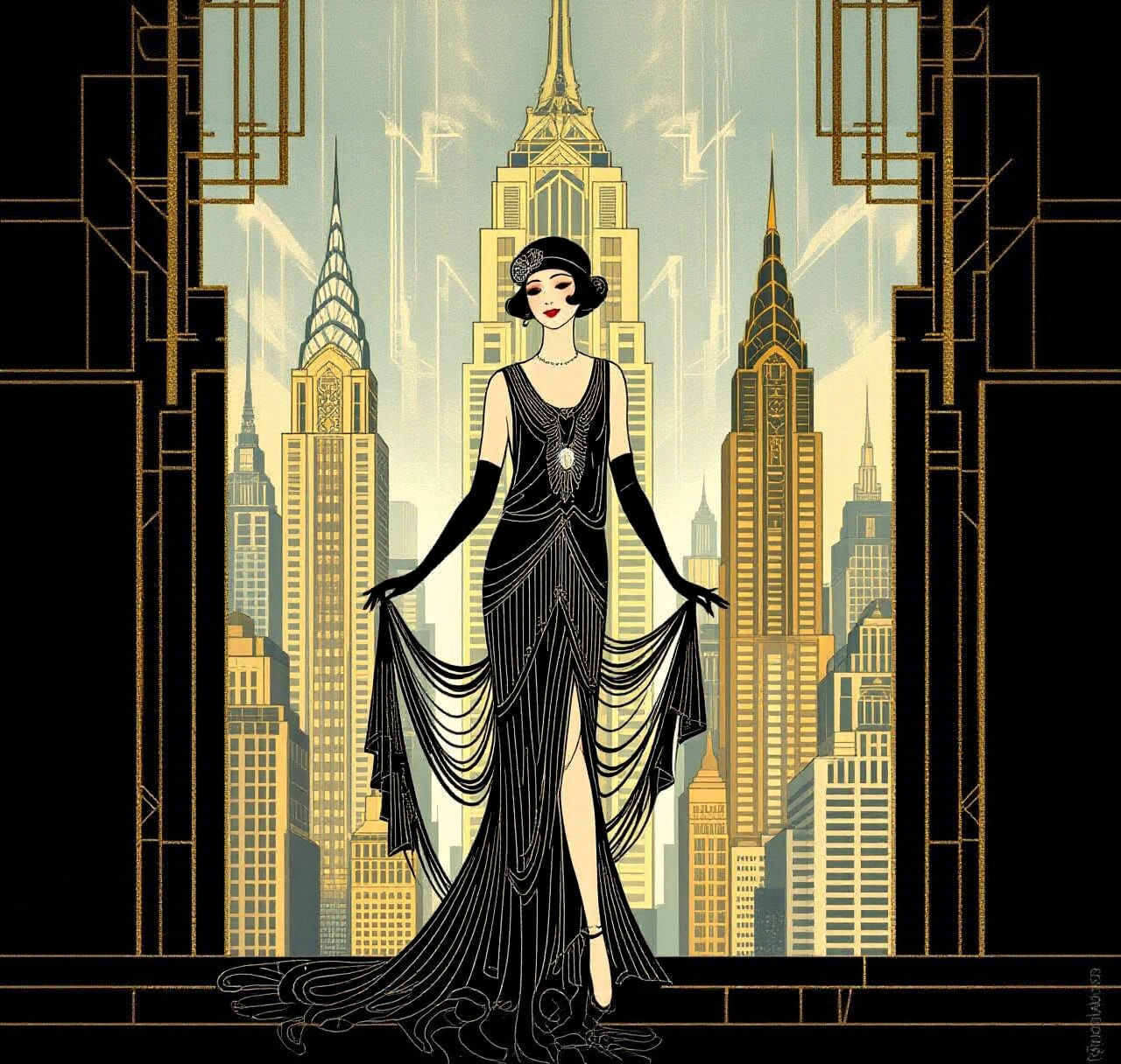 Art Deco Cityscape with Elegant 1920s Lady