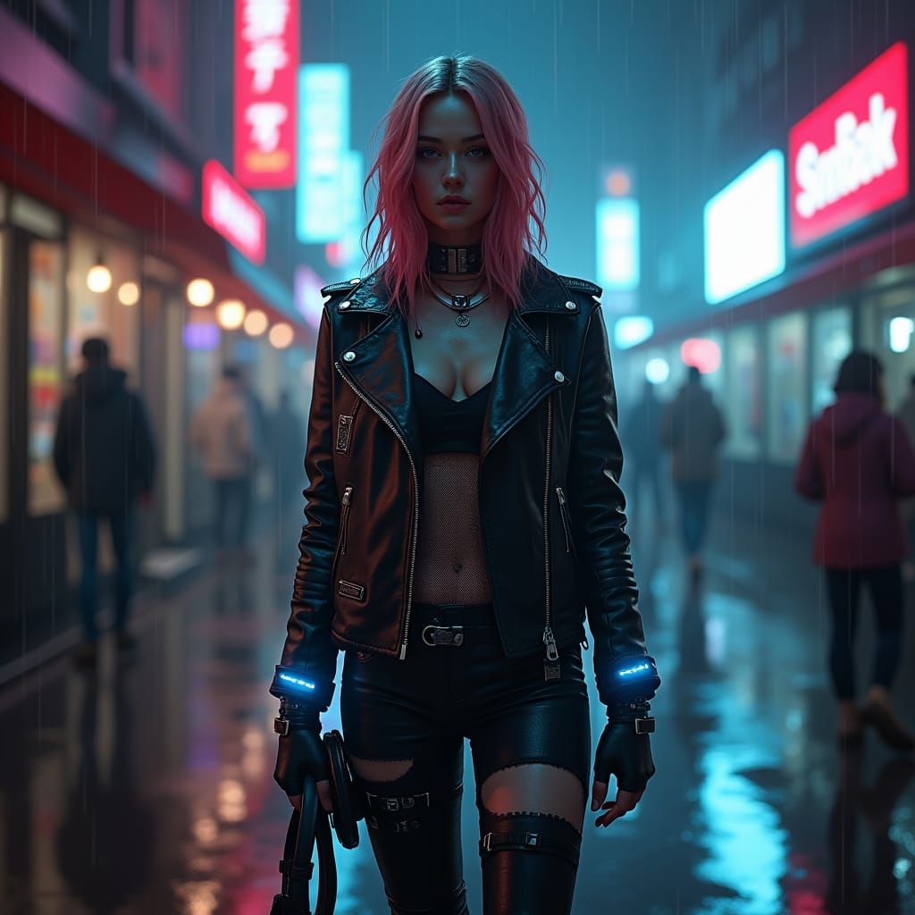 Cyberpunk Cybergirl in Rainy City Street