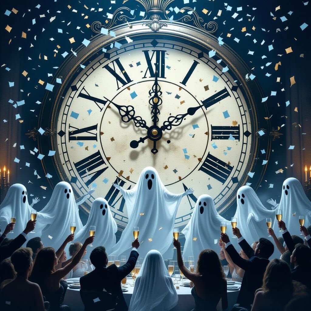 Elegant Phantoms Celebrate Midnight with Ghostly Confetti