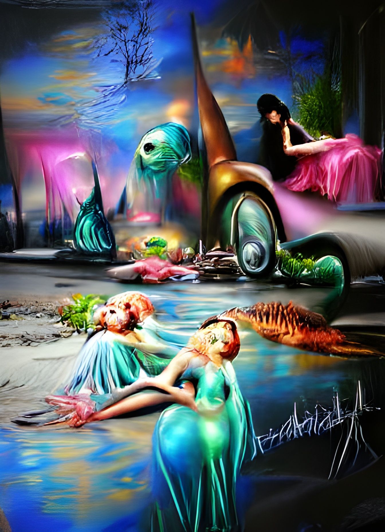 Neon Mermaids in Surreal Impasto Style