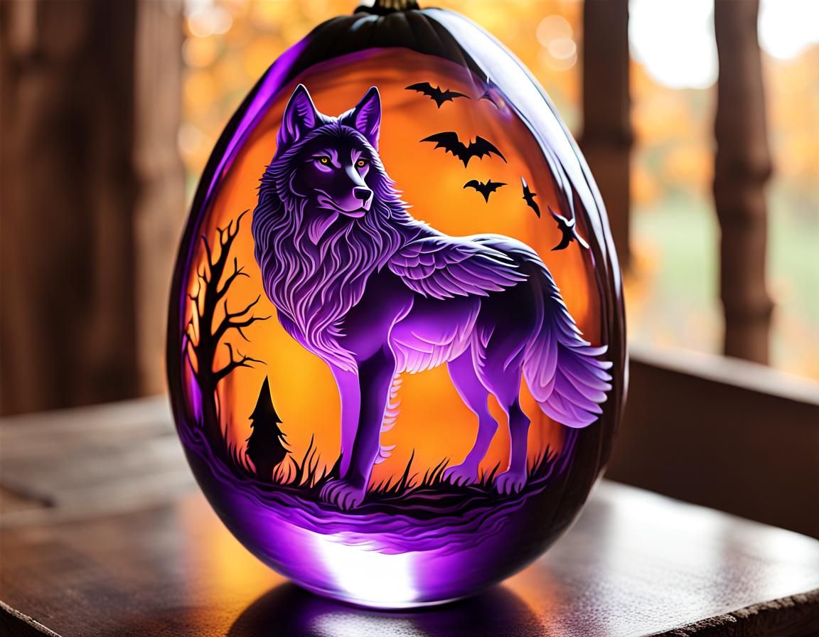 Purple Wolf Angel Wings Pumpkin in Glass Egg