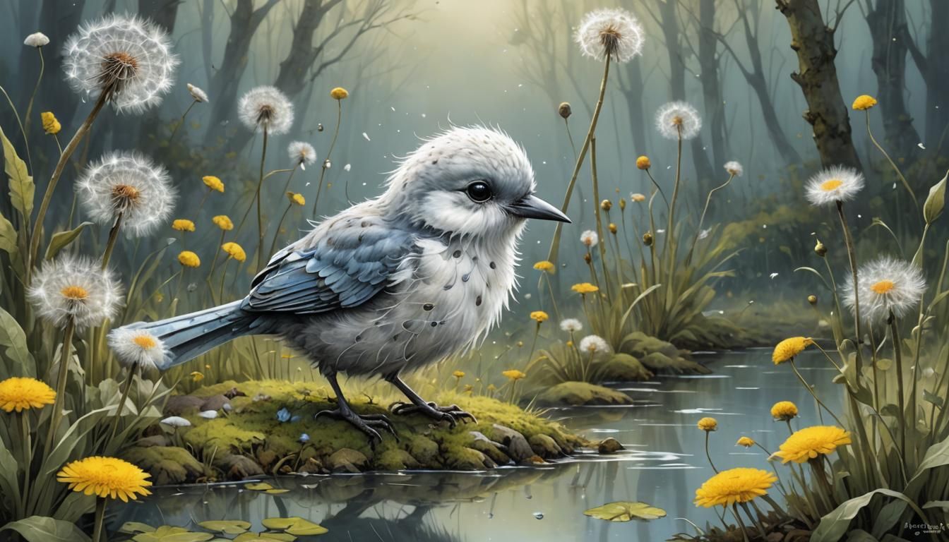 Silver Bird with Dandelions in Fairytale Style