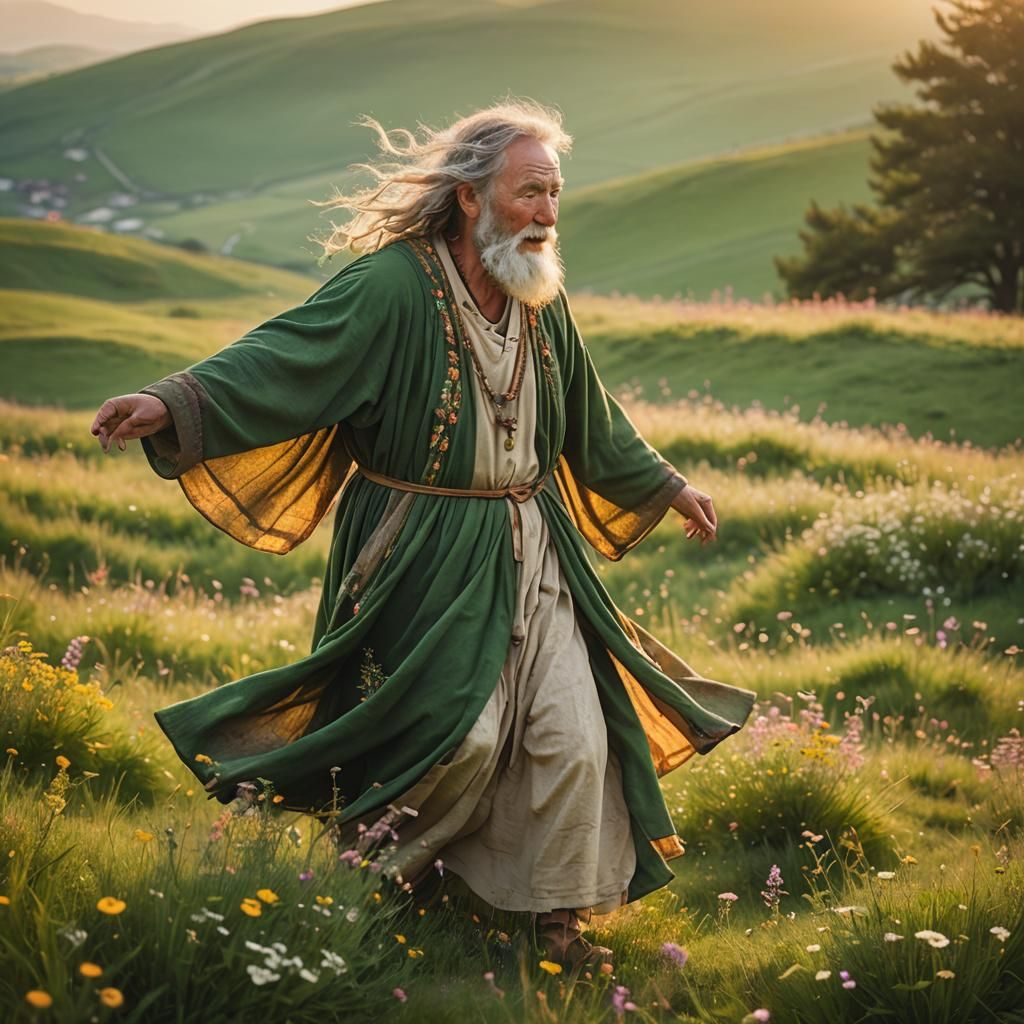 Druid Dancing at Sunrise in Vibrant Landscape