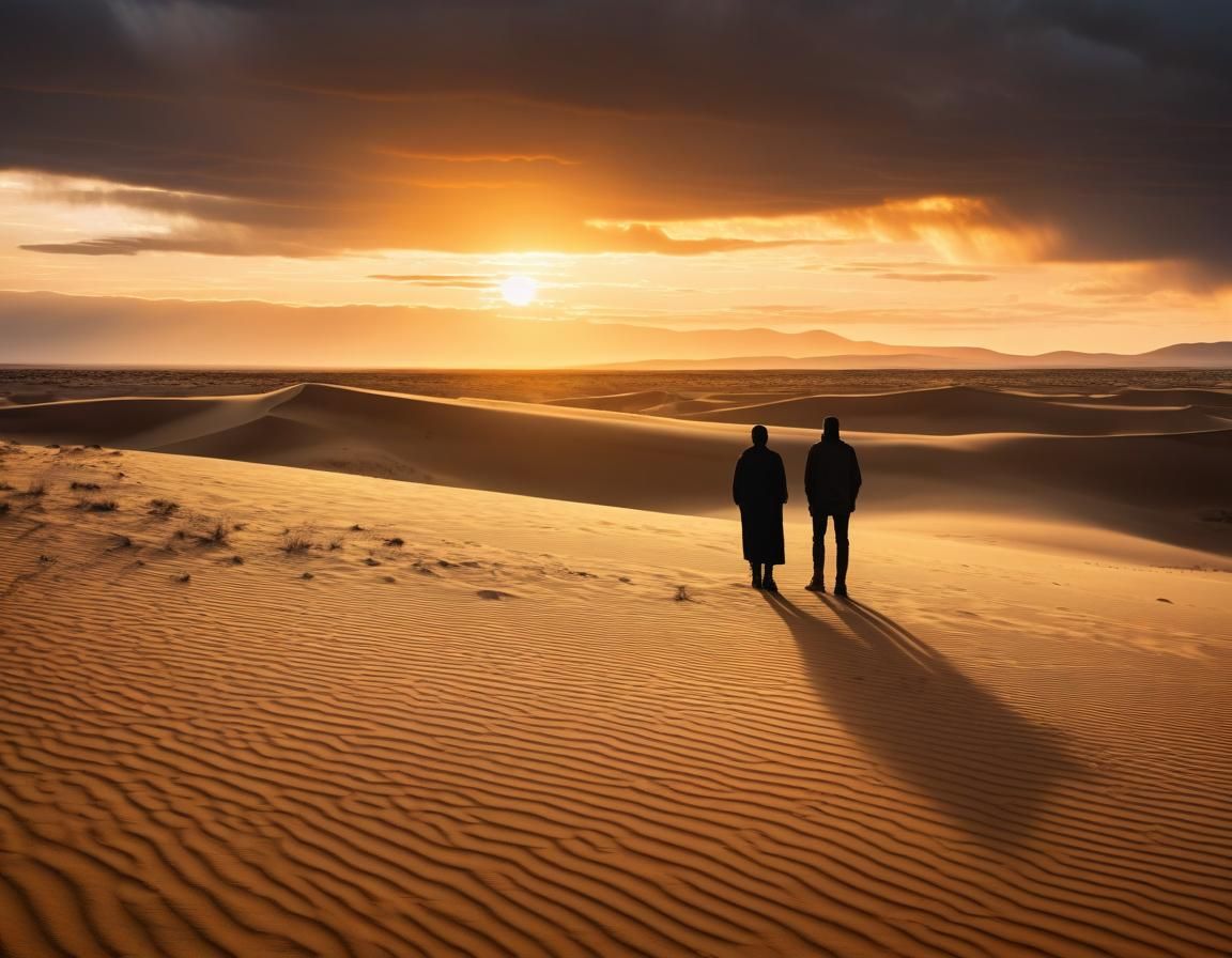 Figures in Barren Landscape at Sunset