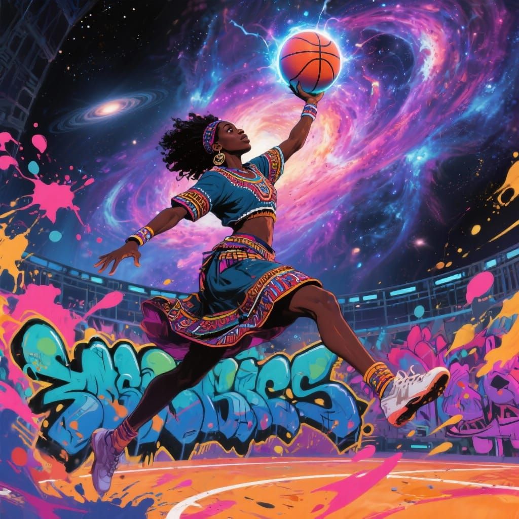 Afrofuturist Woman Leaps for Cosmic Basketball Amidst Galaxi...