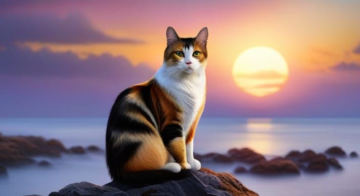 Tricolor Cat Overlooks Sea at Golden Hour