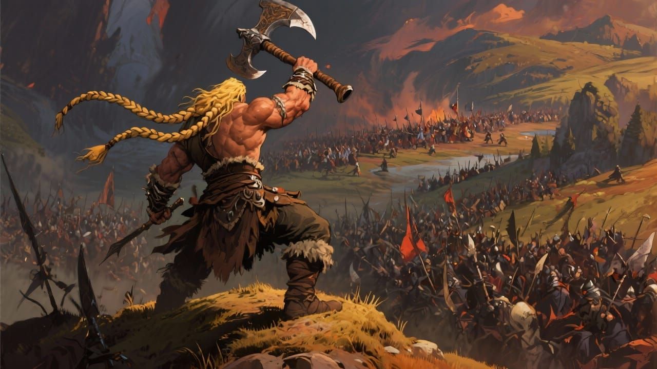 Muscular Barbarian Lord of War with Battle Axe