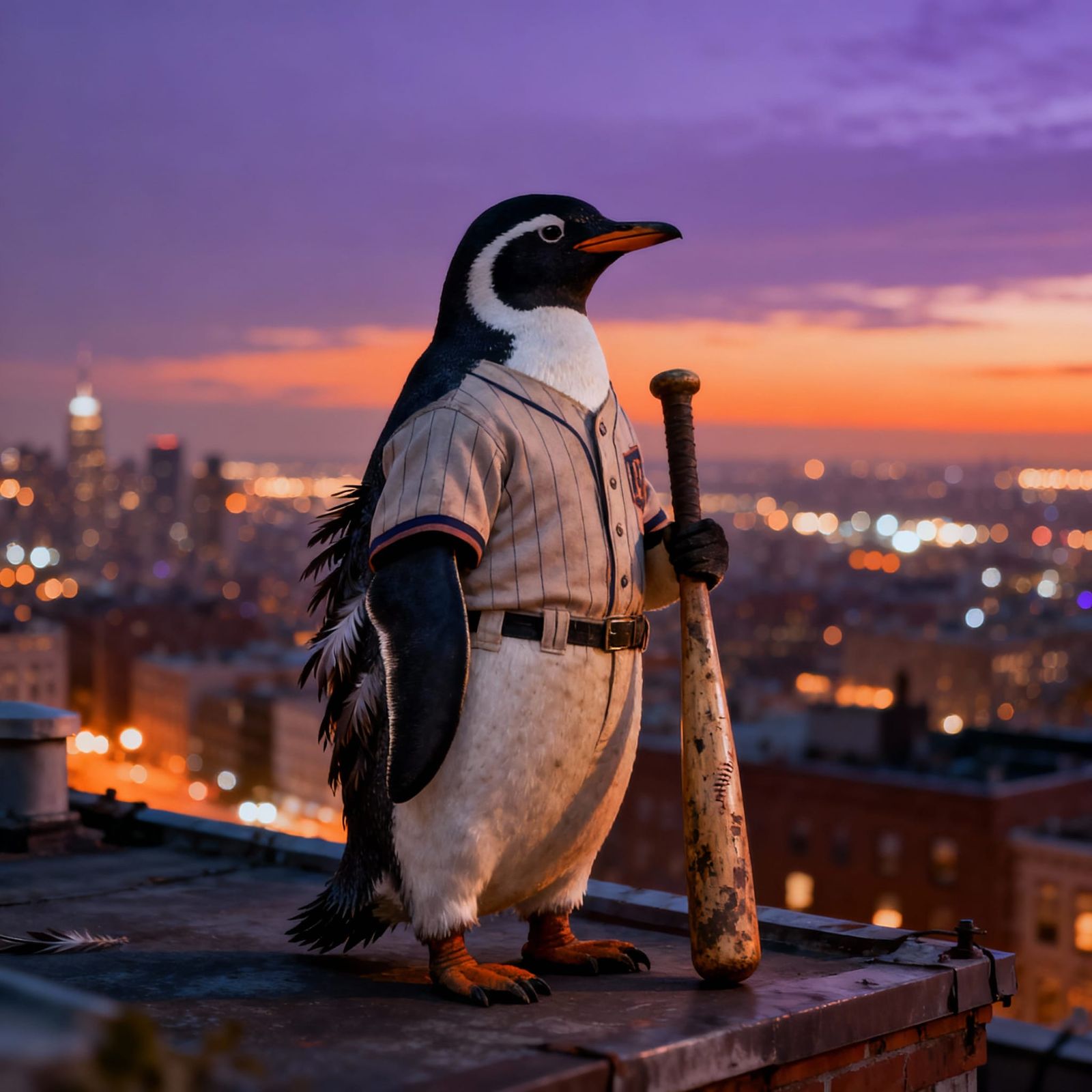 Penguin Baseball Player Overlooks Cityscape at Dusk