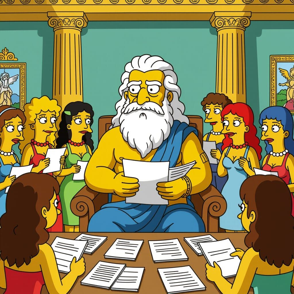 Zeus in Simpsons Style Faces Paternity Suits
