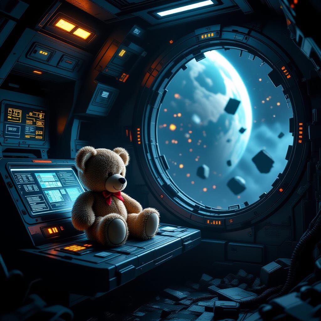 Teddy Bear on Sci-Fi Console in Derelict Spaceship