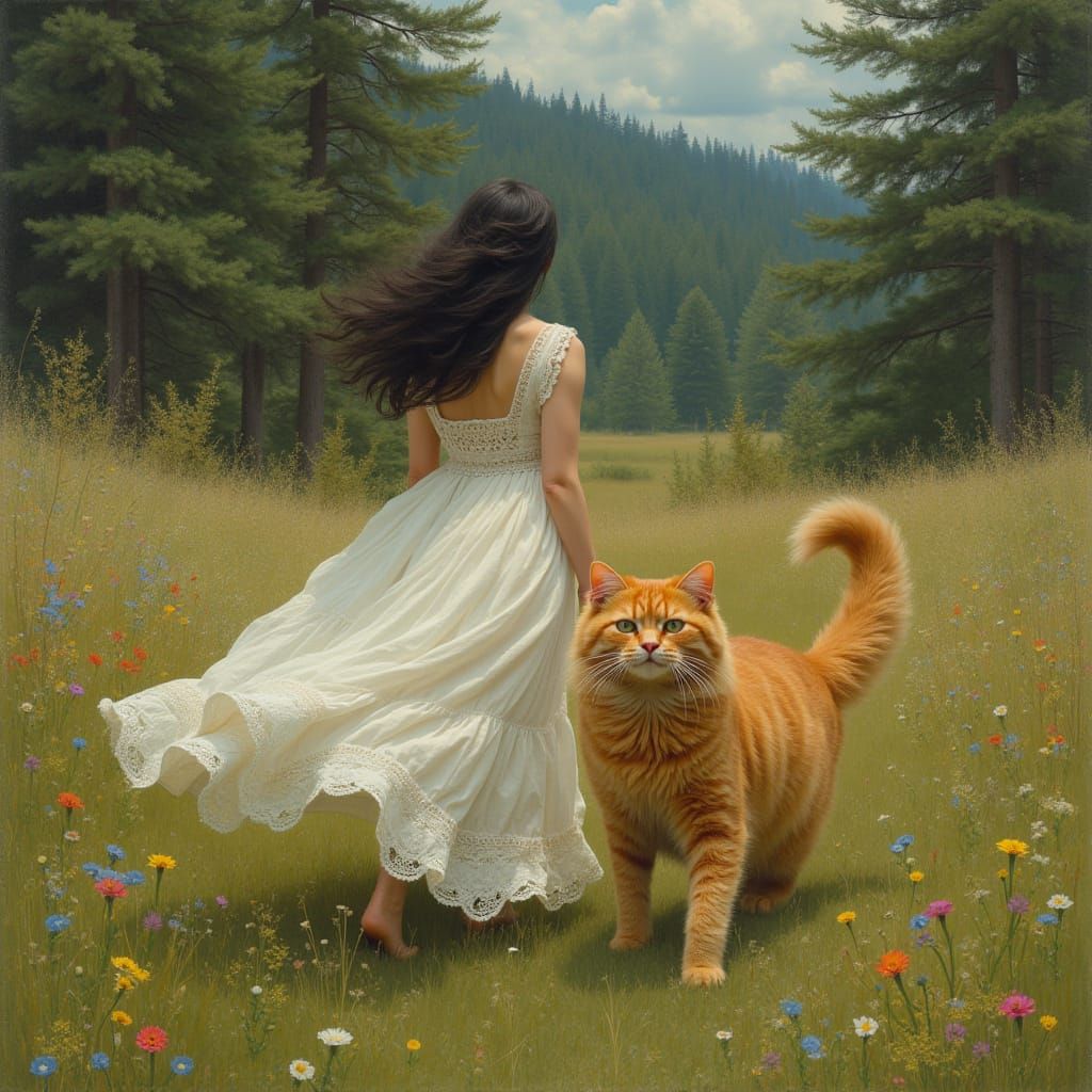 Golden Tabby Cat and Woman in Meadow, Art Nouveau Style