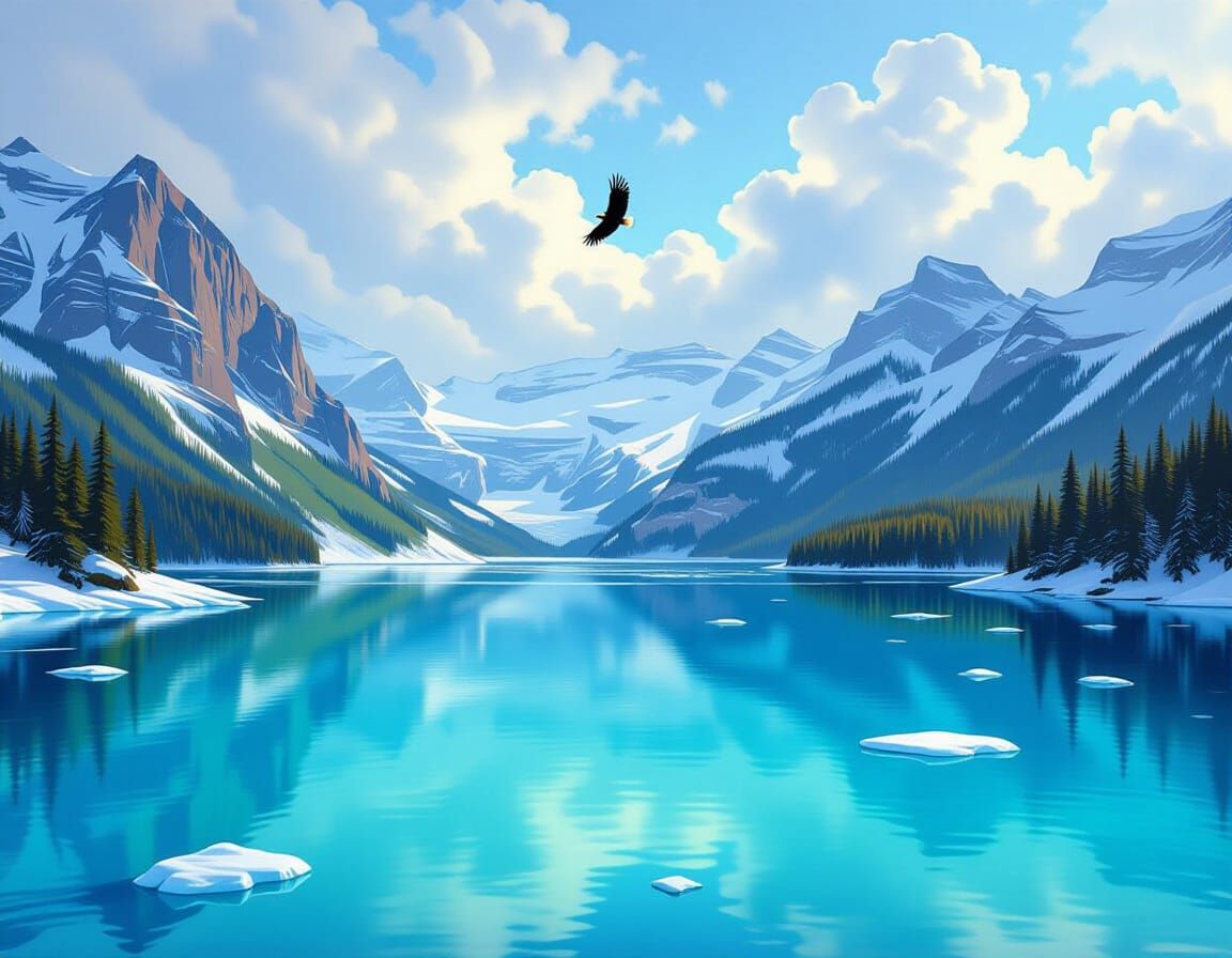 Serene Glacial Lake Reflecting Mountains in Hyperrealistic S...