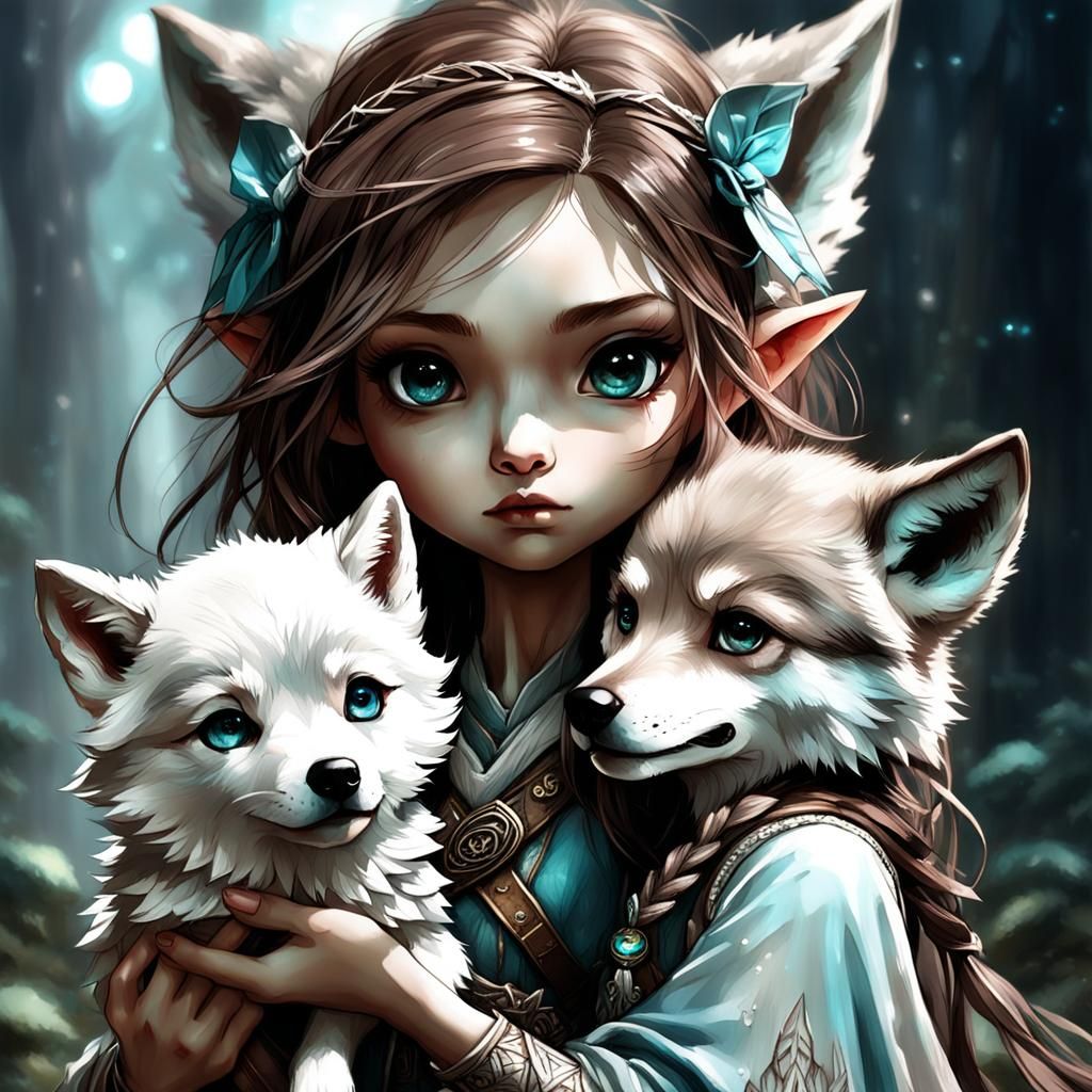 Chibi Elven Huntress with Wolf Cub