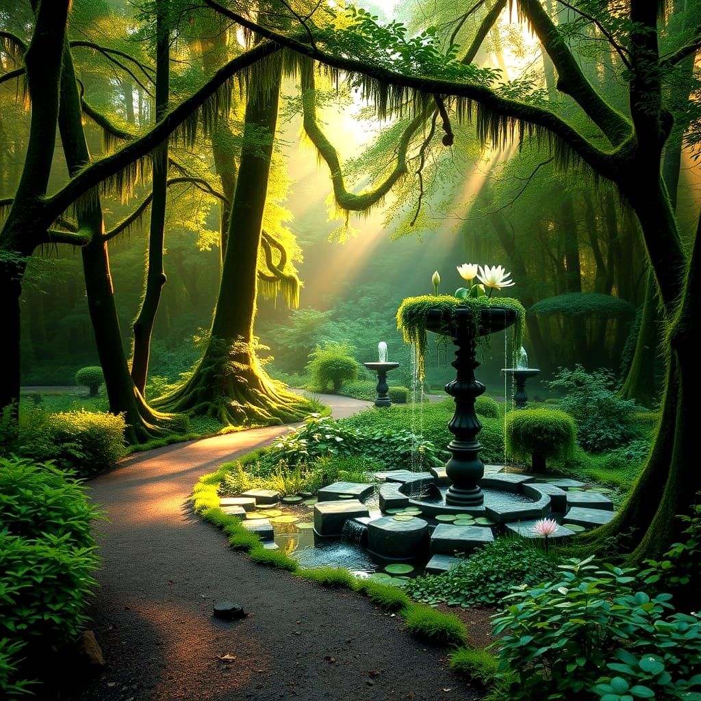 Tranquil Garden Oasis in Mossy Forest
