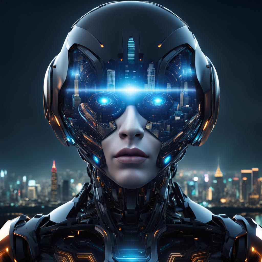 Futuristic Robot Head with Cityscape in 3D