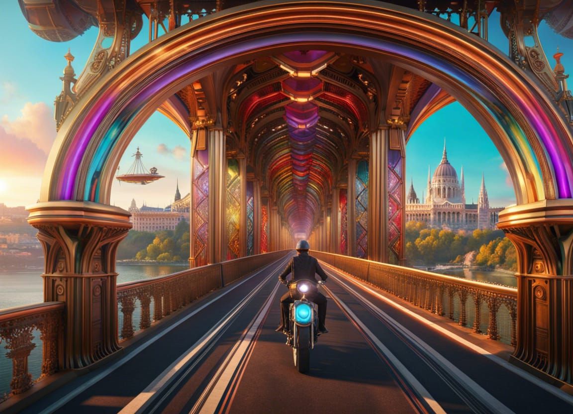 Steampunk Flying Bicycles Over Budapest, Detailed Matte Pain...