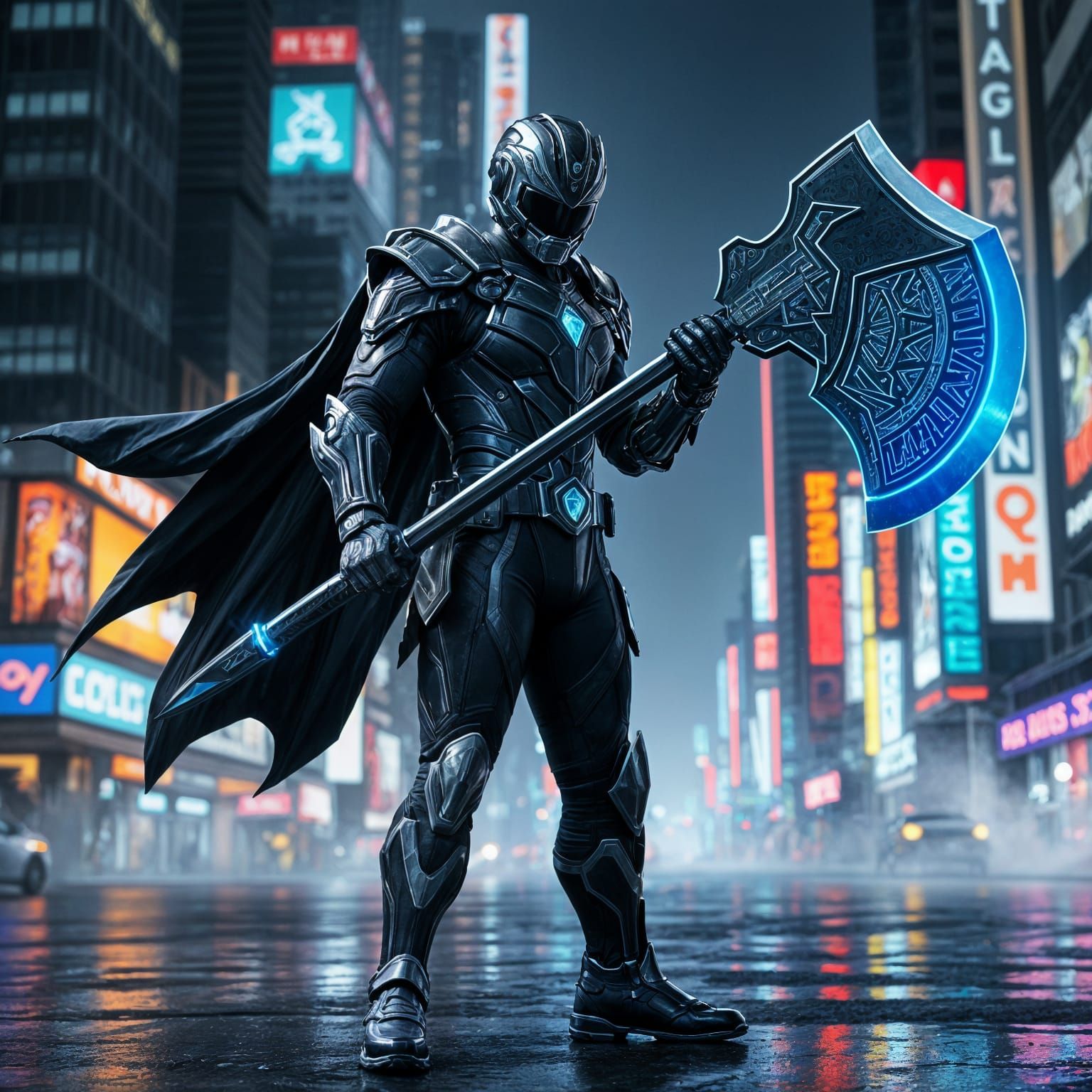 Cyberpunk Hero Wields Vibrant Axe in Neon-Lit Cityscape