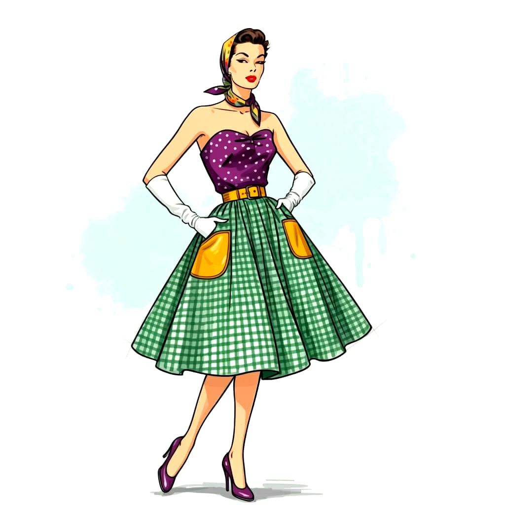 Vintage Fashion Model in Gingham and Polka Dots