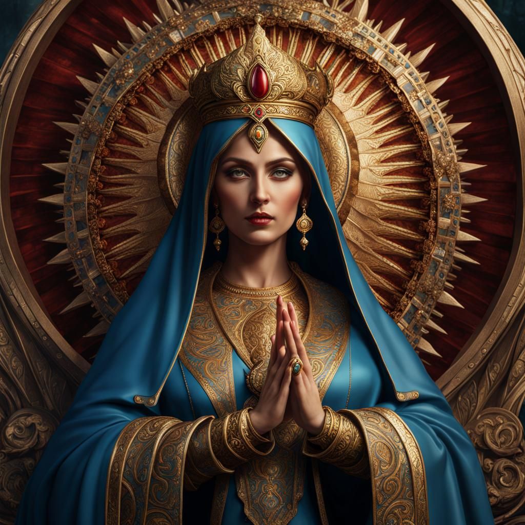 Detailed Painting of Virgin Mary with Hand Sign