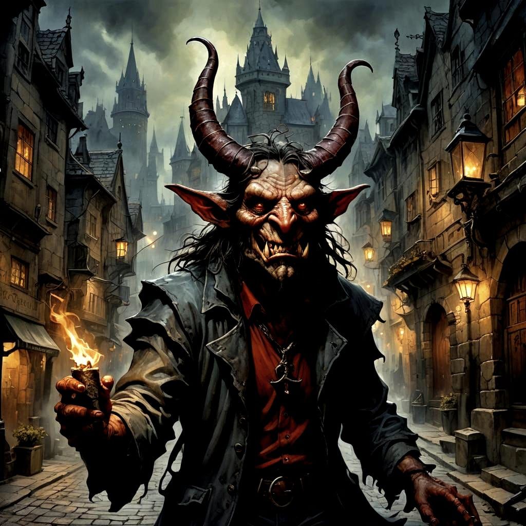 Impish Demon in Dark Fantasy Cityscape