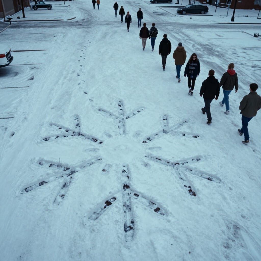 Snowflake Footprints in Parking Lot VHS Aesthetic