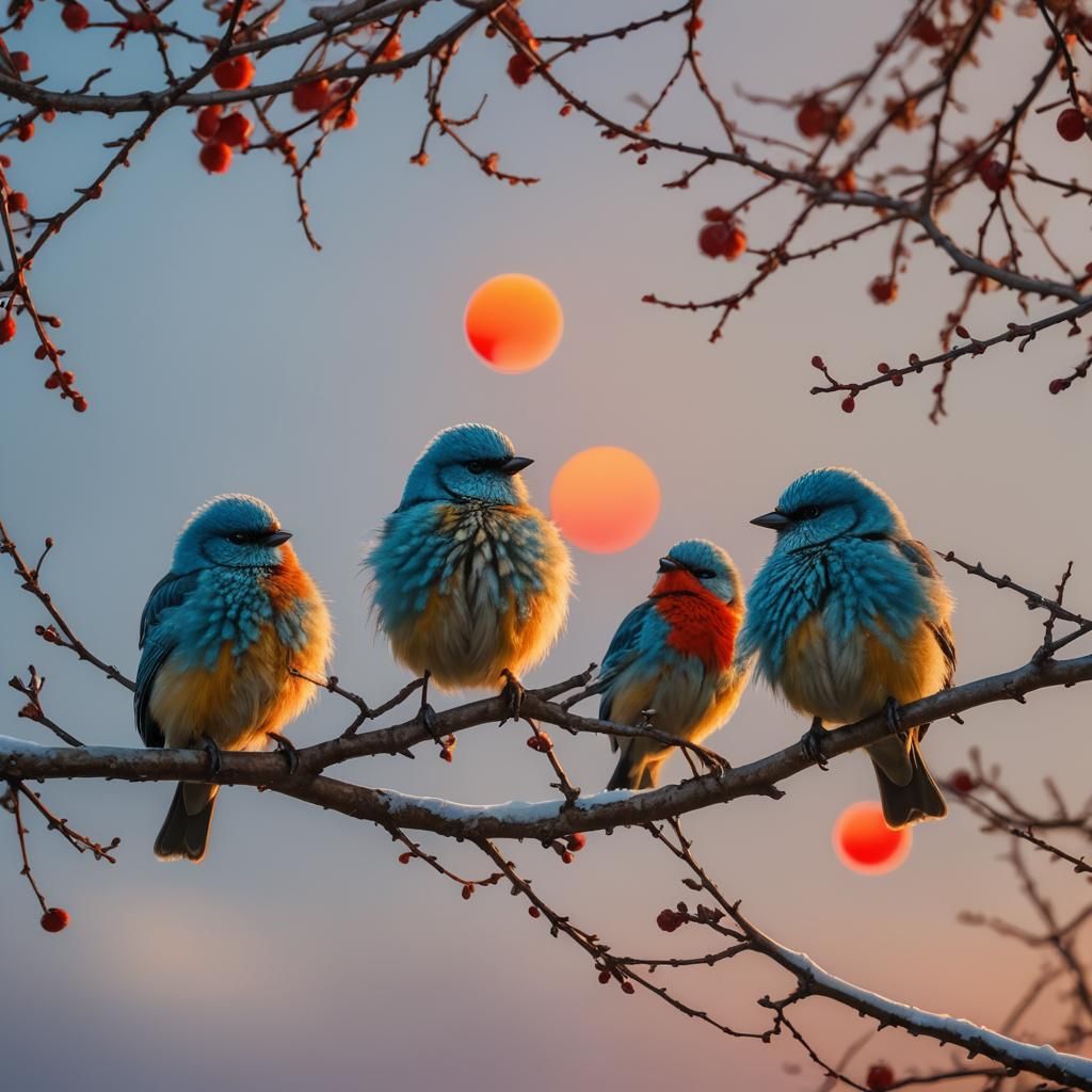 Colorful Blue Tits on Branch with Red Sun