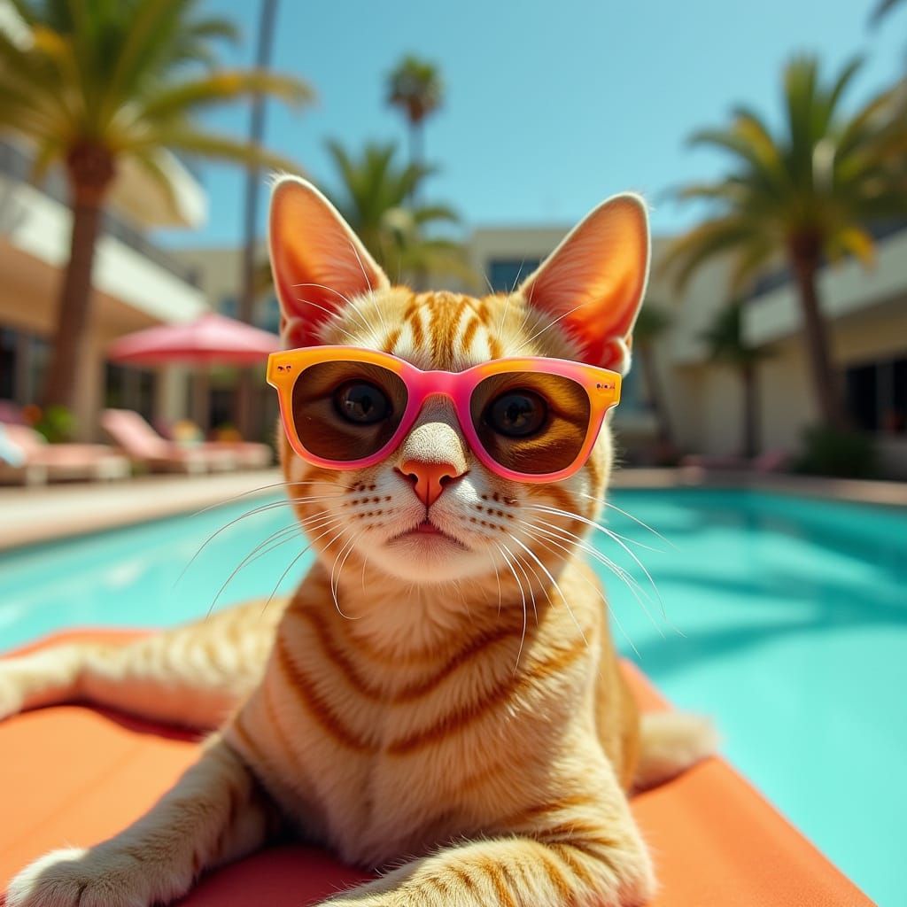 Cool Cat in Retro Sunglasses on a Summer Pool Deck