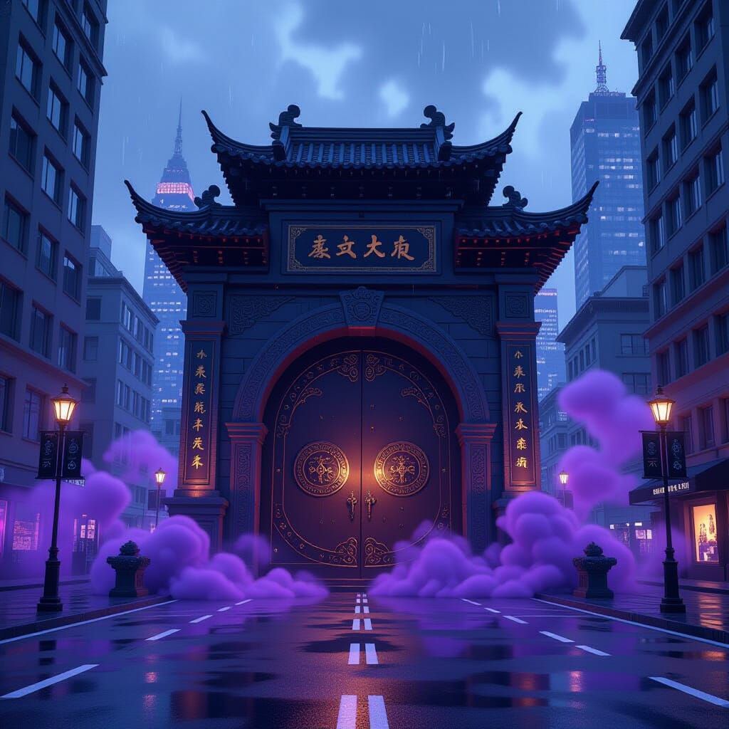 Mystical Portal in Cityscape: 3D Anime Style