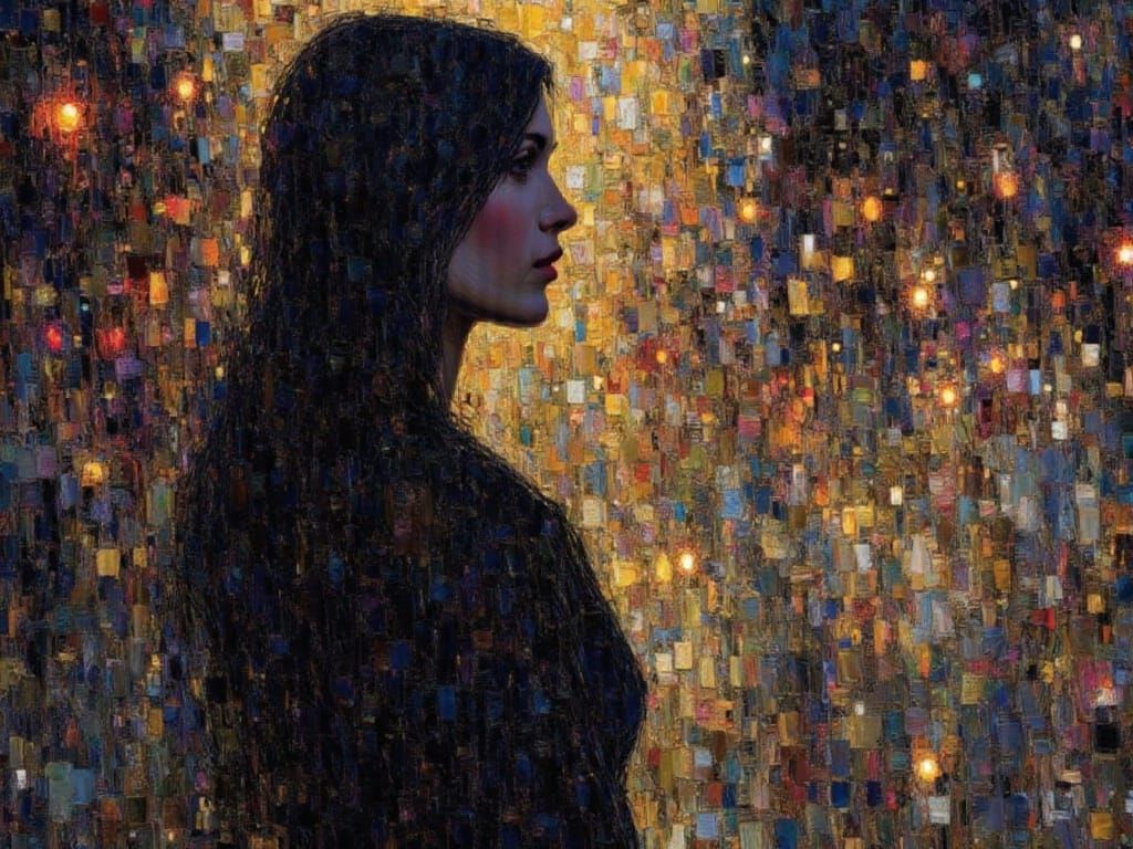 Ethereal Gothic Woman in Surreal Pointillism Style